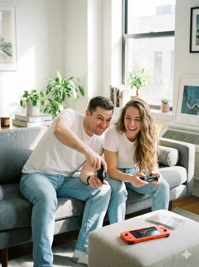 Create a bright, modern lifestyle portrait of a couple sitting casually on a grey couch in a cozy living room, playing video games together. Both wear matching casual outfits, white t-shirts and light blue jeans, which gives the scene a harmonious, relaxed feel. The man sits on the left, slightly leaned forward, smiling with a focused yet playful expression while holding a game controller. The woman sits to the right with a joyful smile, controller in hand, her long wavy hair falling naturally around her shoulders. Their body language reflects warmth, comfort, and genuine connection. In the foreground, slightly blurred for depth, sits a small ottoman with a vivid orange gaming console and a colorful game case, adding a pop of color and a nostalgic touch. Use aspect ratio 3:4.