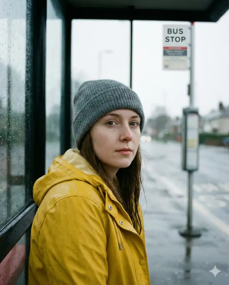 Create a realistic portrait of a young British woman waiting at a bus stop in the rain. She is wearing a yellow raincoat and a grey beanie. The lighting is flat and grey (overcast day). Her skin is pale, with a natural, un-makeuped look. The focus should be on her eyes, with the raindrops in the foreground slightly blurring parts of the image for realism. Aspect ratio: 4:5.