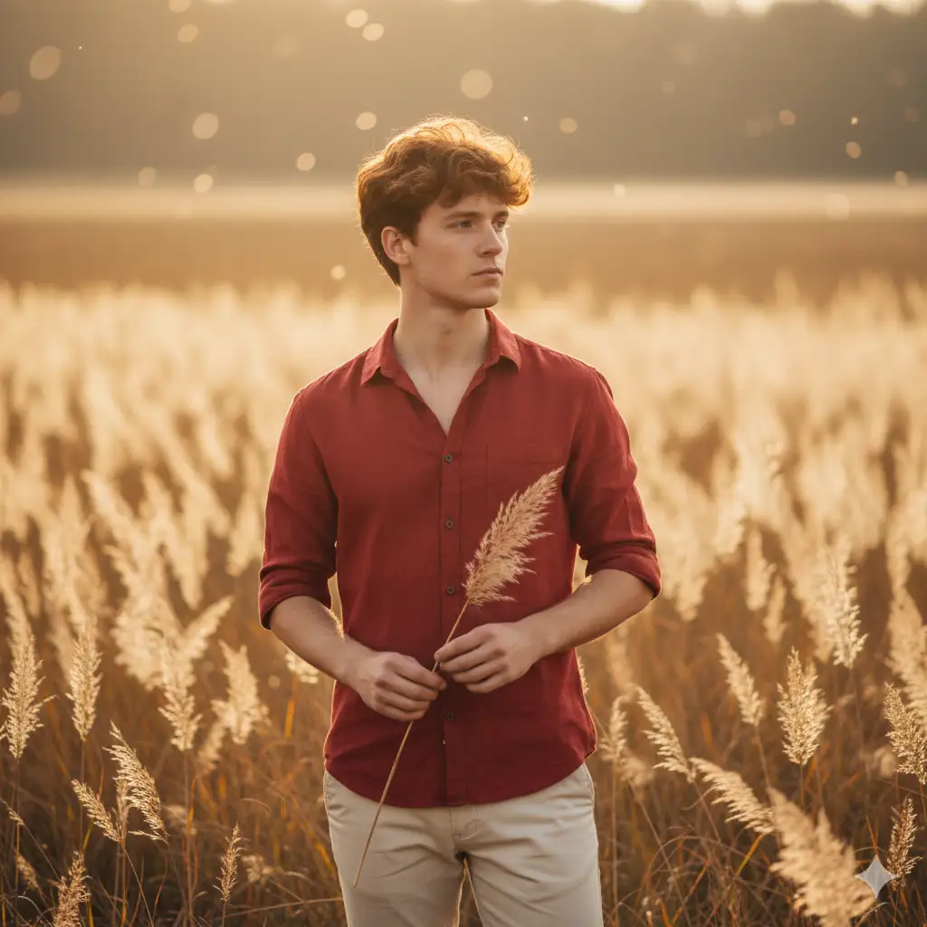 Create a serene outdoor portrait of a young man standing in a golden field of tall pampas grass during the soft glow of early morning or late afternoon. He has short, voluminous hair and a calm, introspective expression, gently holding a feathery plume in one hand. He wears a red button-up shirt with rolled sleeves and light-colored pants, contrasting beautifully with the warm tones of the field. The sunlight filters through the grass, creating a dreamy, ethereal haze and soft bokeh in the background. The atmosphere is tranquil and poetic, evoking a sense of quiet connection with nature.