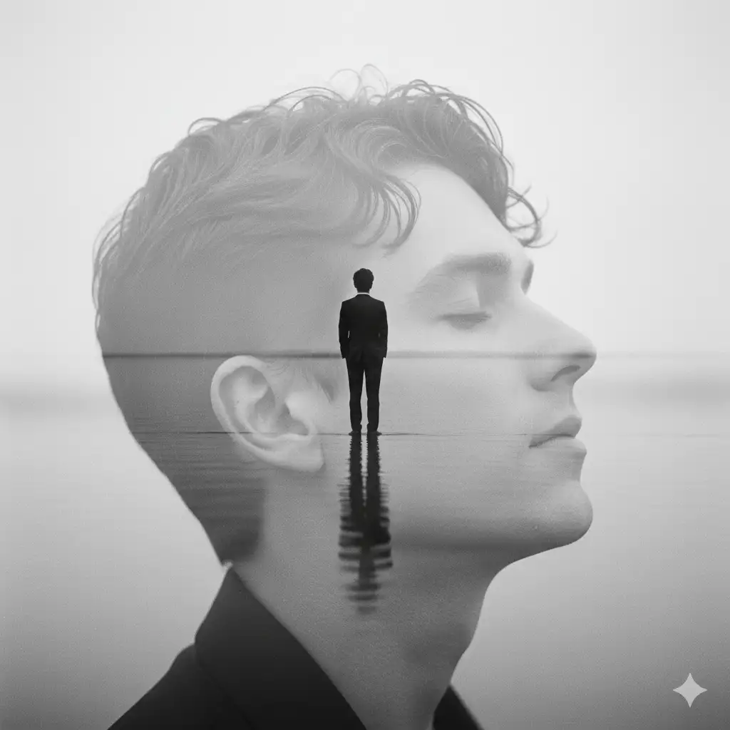 Create a black-and-white double-exposure photograph combining a close-up portrait and a full-body figure. In the primary exposure, a man with short, slightly wavy hair is shown in profile with his eyes closed, head gently tilted upward as if in quiet reflection. Soft, even lighting emphasizes the contours of his face and the texture of his hair. The second exposure shows the same person standing at the edge of calm water, viewed from behind and dressed in a dark, fitted suit. He appears small in scale compared to the large, semi-transparent portrait layered over the sky. The horizon line is faint and merges into a pale, misty atmosphere. The overall aesthetic is minimalist and cinematic, with subtle film grain, gentle contrast, and a contemplative, almost dreamlike emotion. Emphasize harmony between the two exposures, tranquility, and a sense of internal dialogue.
