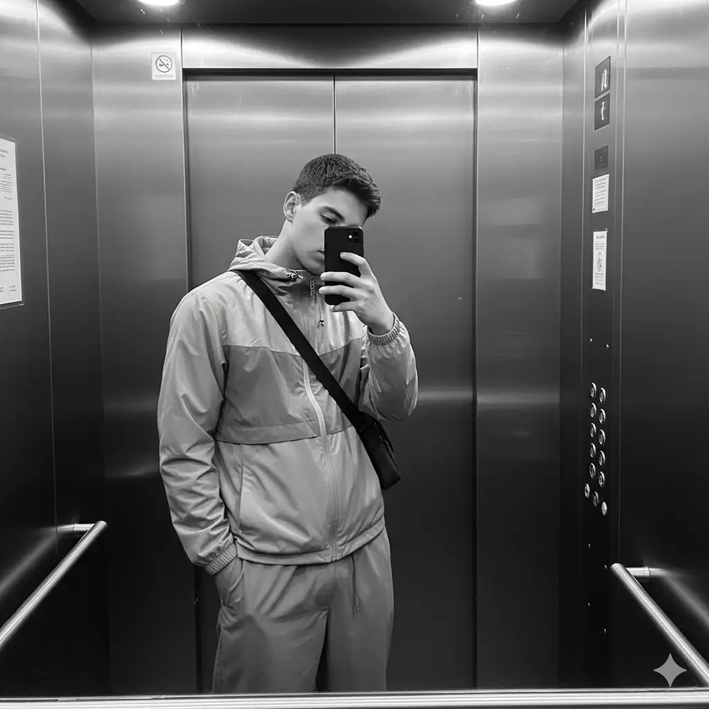 A black-and-white mirror selfie of a young man standing inside an elevator, exuding a moody, urban aesthetic. He holds his phone up to obscure part of his face, giving the image a sense of mystery and introspection. He's wearing a color-blocked windbreaker jacket with layered textures, paired with relaxed pants and a crossbody bag slung casually across his chest. His posture is slightly slouched, conveying a laid-back, effortless coolness. The elevator walls reflect faint light, adding depth and subtle contrast to the grayscale tones. The buttons and small details of the elevator control panel add an authentic, everyday touch. The overall composition feels cinematic and raw, a moment frozen in a quiet, reflective atmosphere.