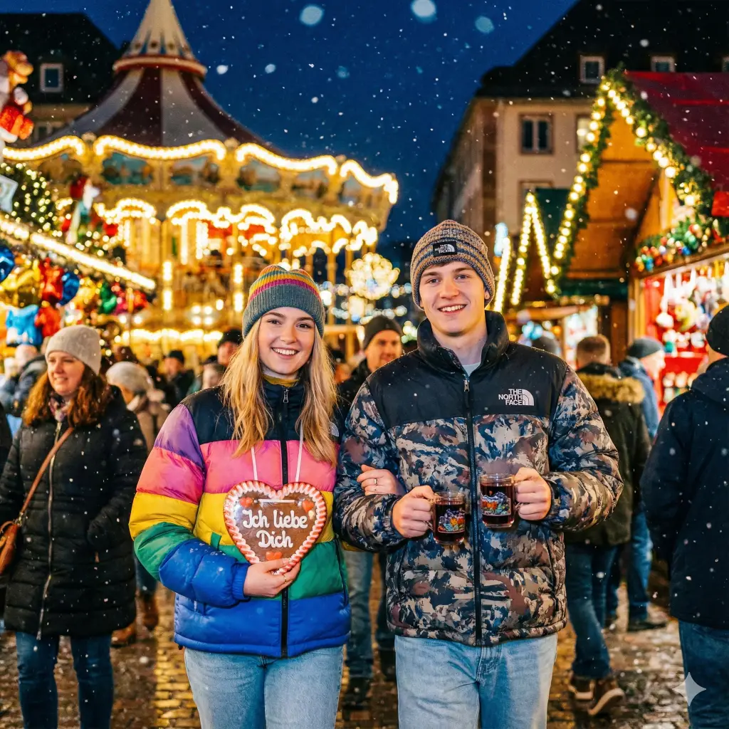 Create a vibrant and colorful photo with an aspect ratio of 1:1 of a young couple strolling through a crowded European Christmas market at night. They are walking arm-in-arm towards the camera. The woman is holding a large gingerbread heart, and the man is holding two steaming mugs of mulled wine. The background is a beautiful bokeh of stall lights, carousel lights, and falling snow. They are dressed in stylish winter street wear, puffer jackets and beanies.