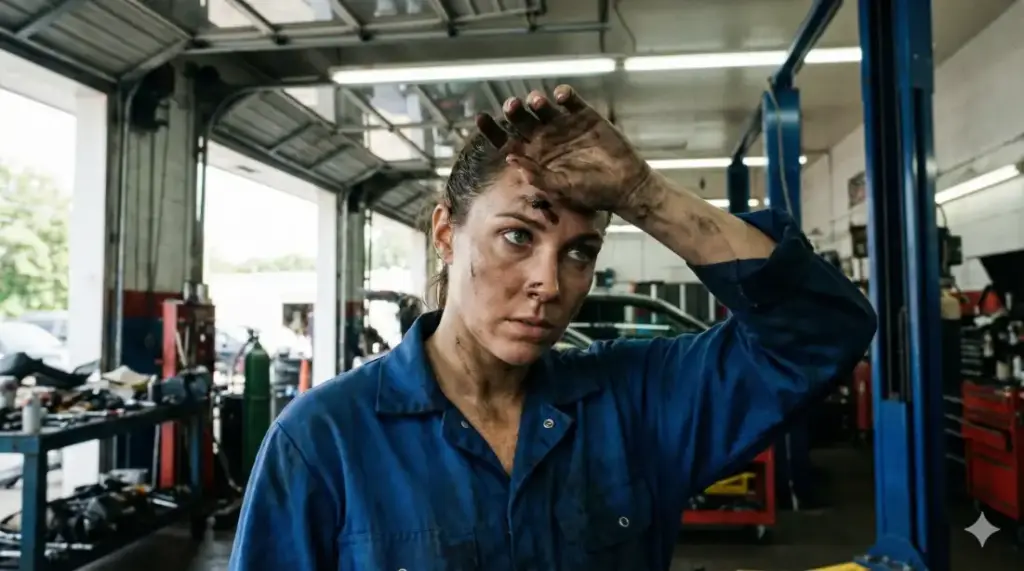 Create a gritty, environmental portrait of a female mechanic taking a break in an auto repair shop. She is wiping her forehead with the back of her hand, leaving a smear of black grease on her temple. She wears blue coveralls that are stained with oil. The lighting is a mix of daylight from the open garage door and harsh strip lighting overhead, creating a cool, industrial color palette. Her skin has a visible sheen of sweat. Focus sharply on her eyes to capture a look of exhaustion but determination. No beauty retouching; emphasize the dirt and texture. Aspect ratio: 16:9.