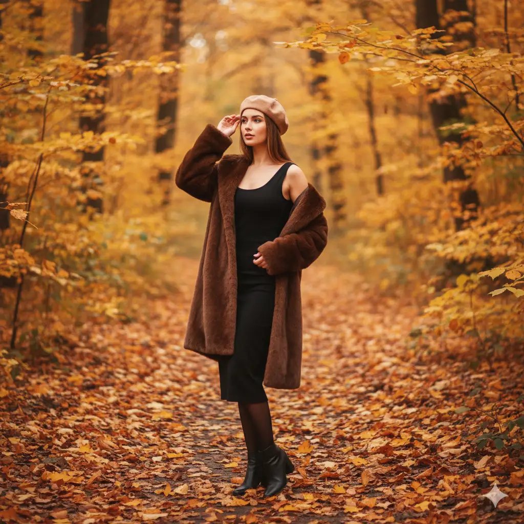 Create a stylish autumn portrait of a young woman standing on a leaf-strewn forest path surrounded by golden and amber foliage. She wears a chic sleeveless black dress paired with a cozy brown faux-fur coat draped over her shoulders and a beige beret tilted stylishly on her head. Her pose is confident yet natural, one hand adjusting her beret while she looks to the side with a soft, curious expression. The lighting is warm and diffused, emphasizing the rich tones of the fall leaves and her outfit. The overall mood captures the essence of autumn elegance.