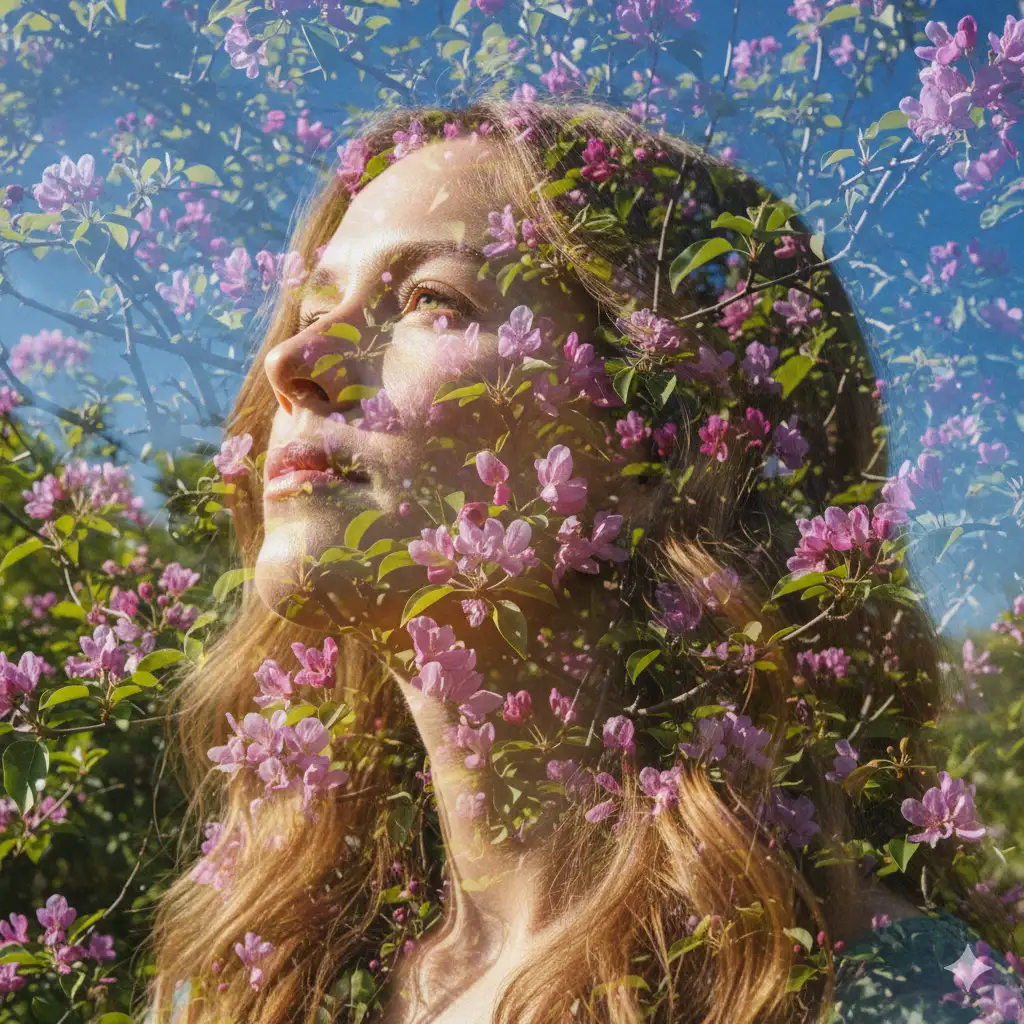Create a vibrant double-exposure portrait blending the serene face of an adult woman with an outdoor scene filled with blooming flowers. The person has smooth, soft features and long, wavy hair illuminated by natural sunlight. Her expression is calm and contemplative, uplifted slightly as if gazing toward a bright sky. Overlaid across her face and upper body are close-up flower branches with rich green leaves and vivid pink-purple blossoms, sharply detailed and lit by warm daylight. The sky behind them is a clear, saturated blue, creating a luminous, dreamy atmosphere. The exposures should merge gently, allowing the petals, leaves, and stems to flow across the contours of her face, creating an ethereal, almost spiritual visual effect. Emphasize transparency, sun-kissed highlights, soft shadows, and a harmonious infusion of nature with portraiture.