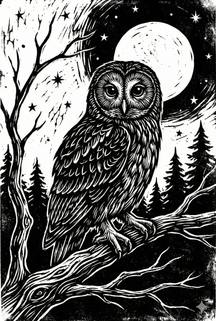 Create a Linocut print style illustration of an owl sitting on a branch at night. The image should rely on high contrast black and white, where the white lines look carved out of a black ink background. The texture should look stamped, rough, and organic in a vertical 2:3 aspect ratio.