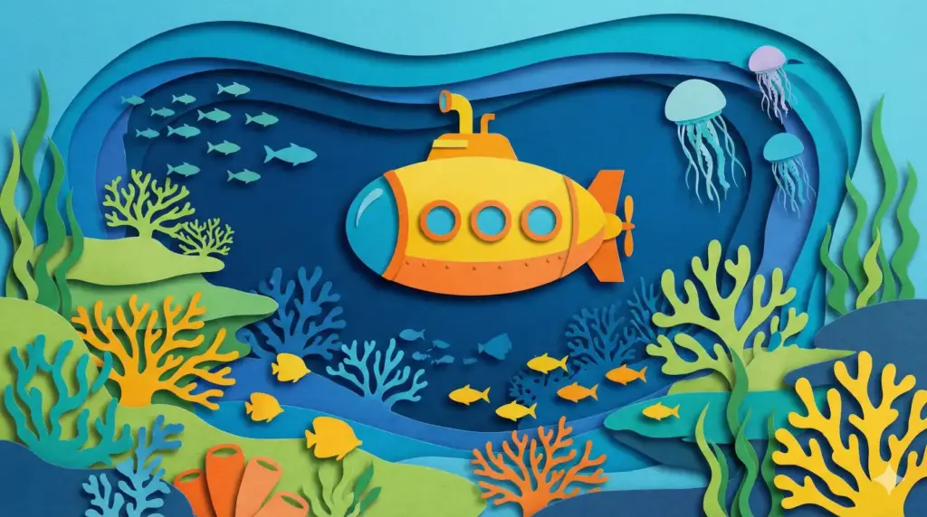 Create a digital illustration mimicking a paper cut-out style. The scene depicts a submarine exploring an underwater reef. All elements, including the fish and seaweed, should look like layered construction paper with visible scissor-cut edges and slight drop shadows between layers to create depth. Use vibrant blues and greens in a 16:9 aspect ratio.