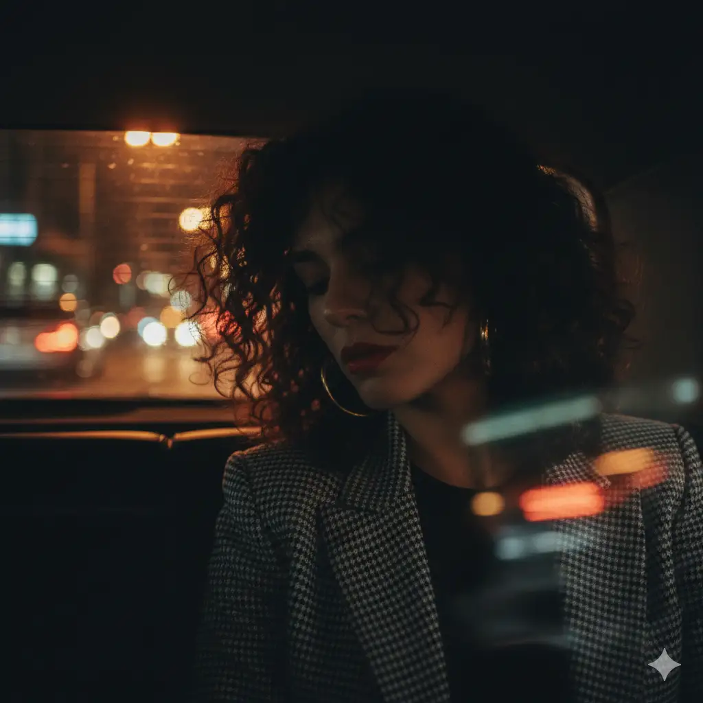 Create a cinematic portrait of a woman sitting in the back seat of a car at night, her curly hair partially obscuring her face, wearing gold hoop earrings, a checkered blazer, and red lipstick. The city lights blur through the window, creating a warm filmic glow with soft focus and moody highlights.