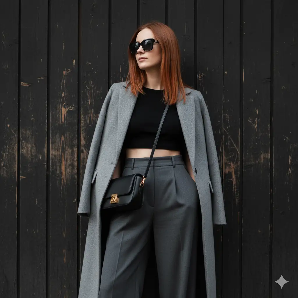 Create photo of a stylish woman standing confidently in front of a dark wooden wall, dressed in a modern minimalist outfit. She wears a long, light gray wool overcoat draped over her shoulders, a fitted black crop top, and tailored high-waisted charcoal trousers with wide legs. A sleek black crossbody bag with a gold clasp rests at her side. She accessorizes with oversized black sunglasses, and her straight auburn hair falls neatly past her shoulders, adding a touch of contrast and polish. The lighting is natural and soft, emphasizing the neutral tones and clean lines of her outfit. The mood exudes effortless confidence and refined urban style.