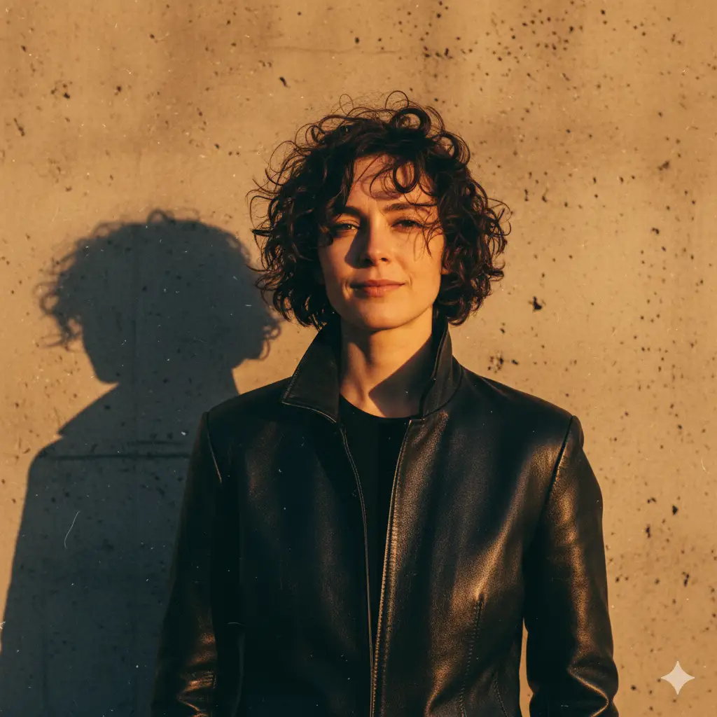 Create a warm, golden-hour portrait of a woman standing against a textured concrete wall. The low sunlight casts dramatic, elongated shadows behind her, including a crisp silhouette of her profile. She wears a black leather jacket with a structured collar, its surface catching soft highlights from the setting sun. Her short, curly hair is tousled by a gentle breeze, with loose strands drifting across her face. Her expression is relaxed and confident, with a subtle, natural smile. The lighting is rich and directional, warm amber tones illuminating her skin and creating strong contrast between light and shadow. A faint film-grain texture and small dust-like particles give the scene a nostalgic, analog-photography aesthetic. The overall mood is cinematic.
