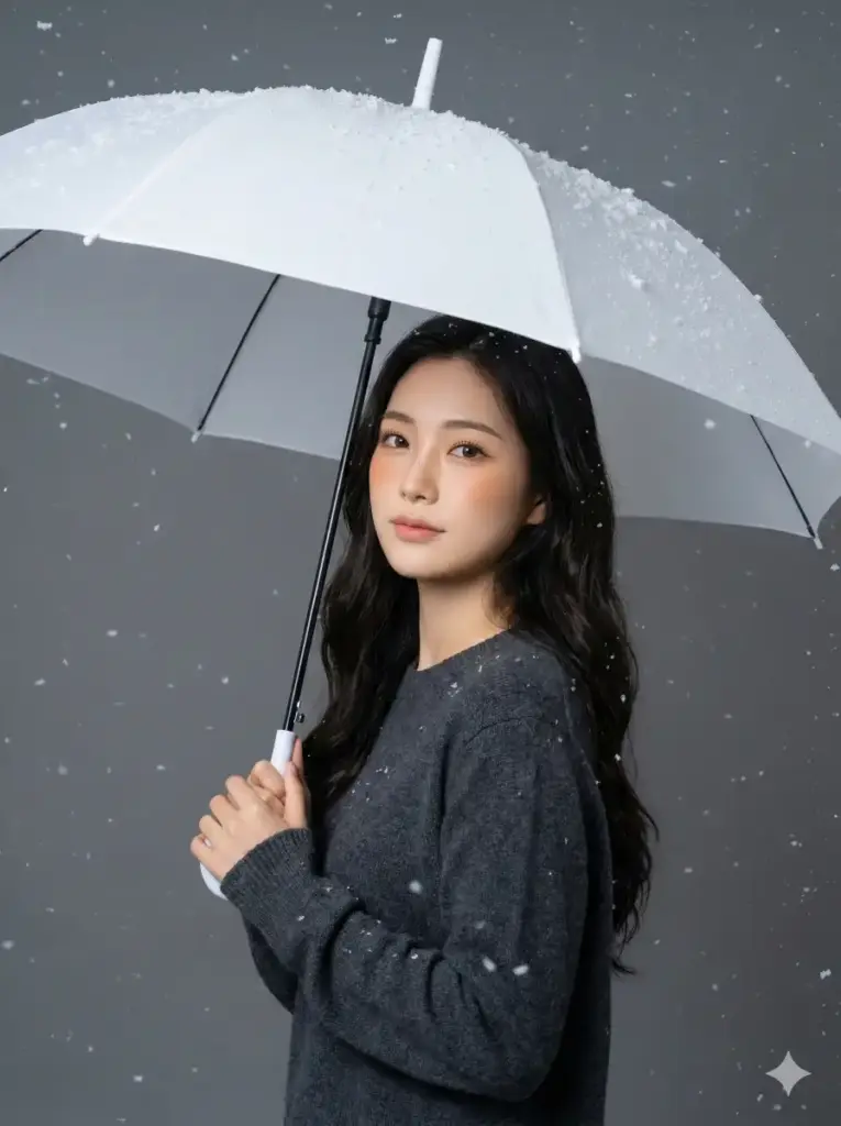 Create photo of a young woman stands beneath a large white umbrella as soft snowflakes fall around her in a controlled studio setting. The umbrella is bright white, clean, and matte, collecting a gentle layer of snow across its surface. She holds the handle delicately with both hands, creating a composed, serene posture. Her long, wavy dark hair cascades over her shoulders, catching small snowflakes that add texture and atmosphere. Her makeup is natural and softly glowing, with warm peachy tones on the cheeks and lips, and defined lashes that highlight her expressive eyes. She wears a simple, dark knit sweater that contrasts subtly with the snow. The background is a smooth, neutral grey, allowing the falling snow and the umbrella to create a striking visual balance. The lighting is soft and diffused, giving her skin a luminous, velvety appearance and enhancing the crisp winter mood. The overall aesthetic is elegant, calm, and cinematic, blending portrait photography with a gentle winter fantasy. Use 3:4 aspect ratio.