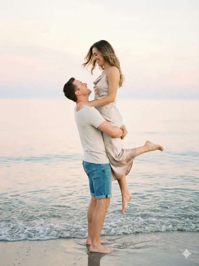 Create a joyful, romantic couples' portrait captured on a serene beach during a soft pastel sunset. The man stands barefoot at the edge of the water, gentle waves touching his feet as he lifts the woman into the air with both arms wrapped securely around her waist. He wears a casual light-colored t-shirt and rolled-up denim shorts, laughing as he gazes up at her. The woman wears a flowing, silky light dress that drapes beautifully as she lifts her legs, one bent back playfully. Her hair flows naturally in the ocean breeze as she smiles down at him. The horizon is calm and wide, with smooth water reflecting shades of pale pink, warm cream, and soft blue. Use aspect ratio 3:4.