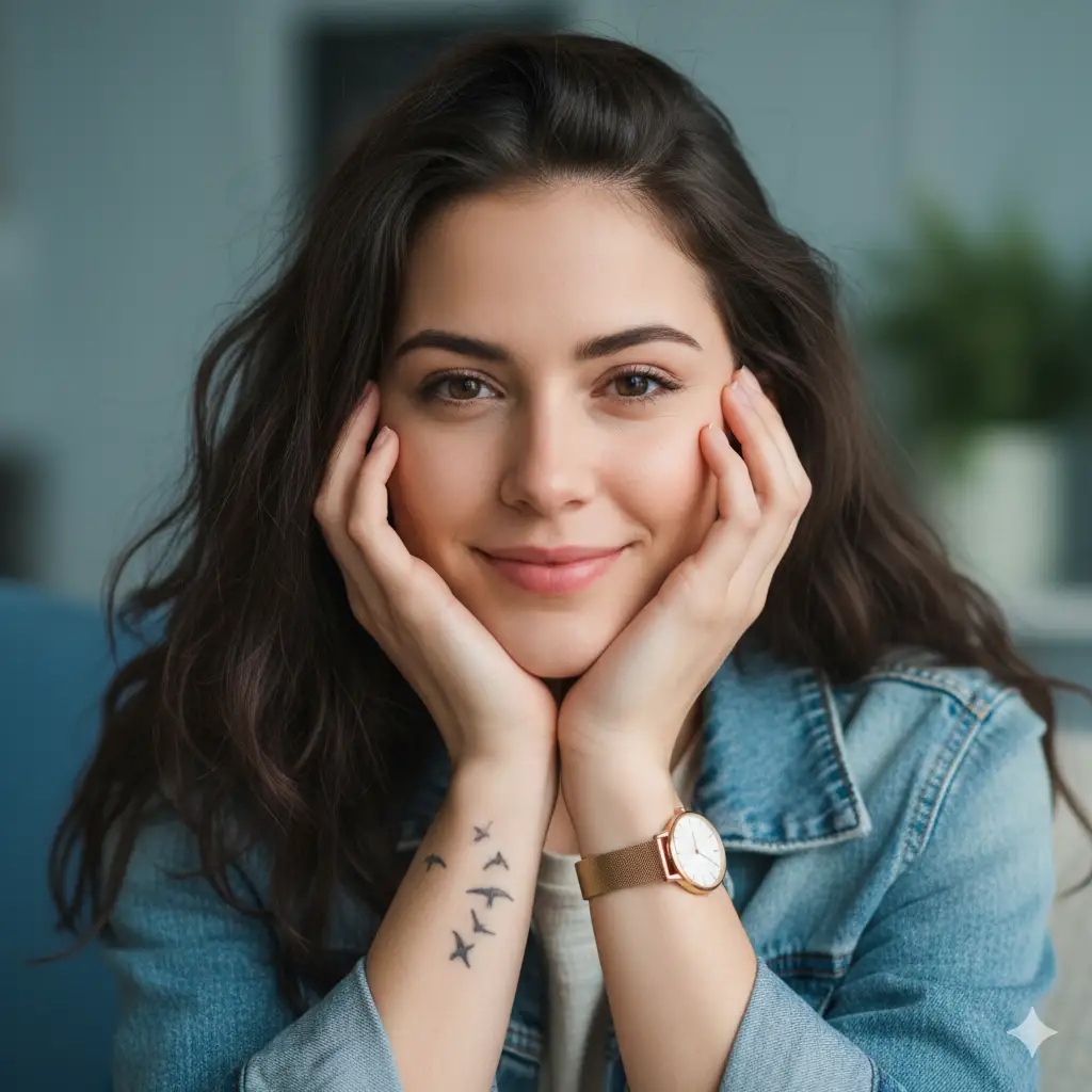 Create a close-up portrait of a young woman resting her face in her hands, smiling warmly at the camera with an expression of gentle joy and comfort. She has long, slightly tousled dark hair framing her face naturally, and wears a casual denim jacket layered over a light shirt. A tattoo of flying birds is visible on her forearm, along with a stylish gold wristwatch that adds a subtle touch of personality. The background is softly blurred in cool, muted tones, drawing attention to her face and the cozy, candid feel of the image. The lighting is soft and diffused, highlighting the warmth in her expression and the natural textures of her hair and denim.