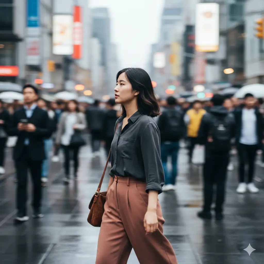 Create a dynamic street-scene portrait of a young woman walking through a crowded urban environment. Her hair moves slightly with her motion, and her expression is calm, thoughtful, and focused straight ahead. She wears a dark, buttoned shirt tucked into high-waisted, soft earth-toned trousers, with a brown shoulder bag hanging at her side. The background is filled with fast-moving pedestrians rendered in a dramatic motion blur, creating a strong contrast between her stillness and the surrounding rush. The depth of field isolates her sharply while the crowd dissolves into streaks of color and movement. The lighting is soft and diffused, giving the entire scene a cinematic, contemplative feel