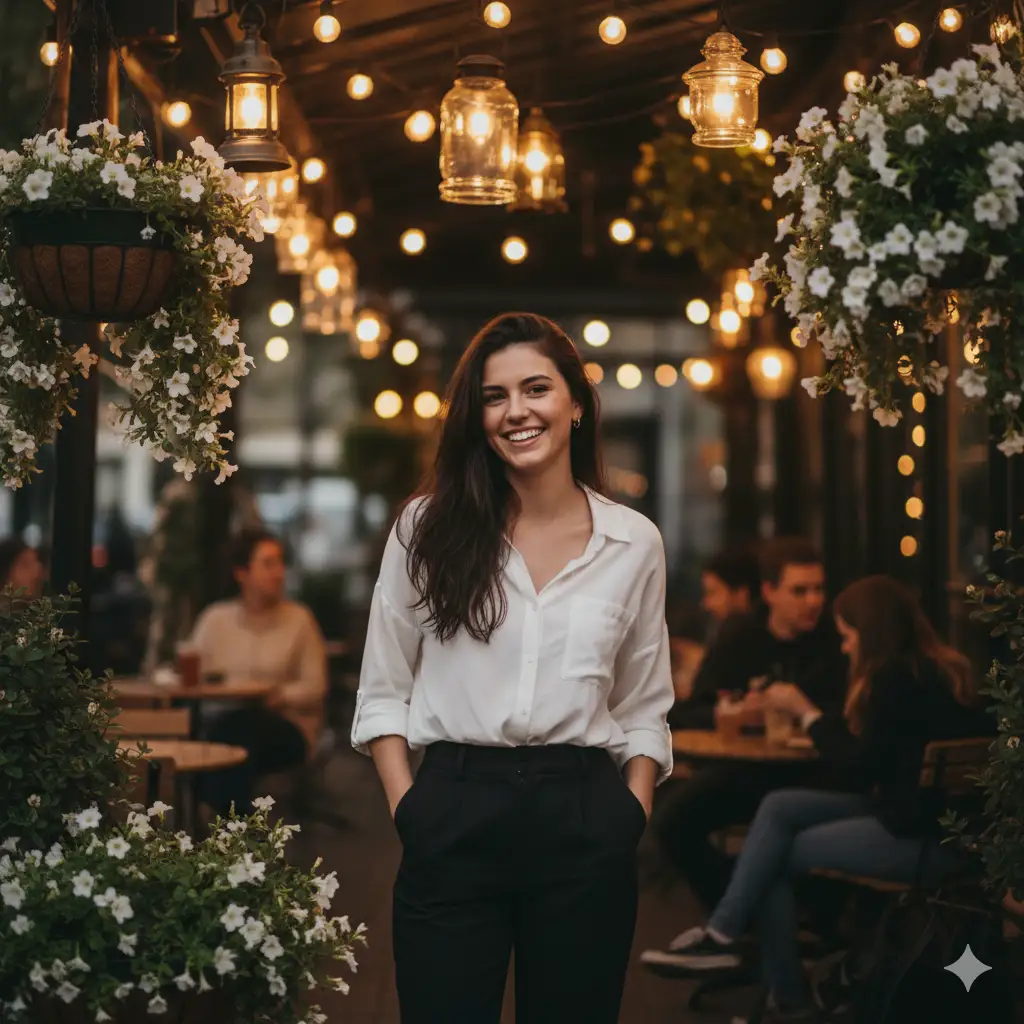 Create a candid evening portrait of a young woman standing in a softly lit outdoor café adorned with string lights and hanging lamps. She has long dark hair and a bright, natural smile, exuding confidence and warmth. She wears a loose white button-up shirt tucked into high-waisted black trousers, her hands casually in her pockets. Soft floral decor and greenery frame the foreground, while blurred lights and seated diners in the background add a cozy, atmospheric depth. The lighting is warm and golden, casting a cinematic glow that enhances the relaxed, joyful ambiance of the moment.