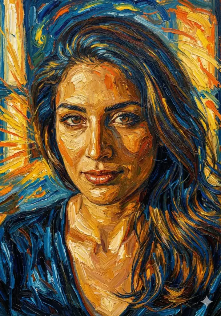 Create a portrait inspired by Van Gogh with swirling strokes, vibrant colors, and energetic textures. Keep the structure of the face clear while applying bold streaks of blue, yellow, and orange across the background.