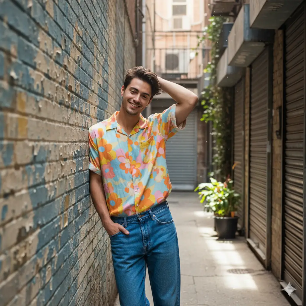 Create photo of a young man stands in a narrow urban alleyway, leaning casually against a weathered wall with a relaxed, cheerful expression. He wears a bright, multicolored button-up shirt featuring bold, abstract floral shapes in pastel shades of yellow, pink, blue, and orange. The shirt sleeves are rolled up, adding to the carefree vibe. He pairs it with rugged blue jeans that have visible stitching details and a slightly worn texture. One hand rests in his pocket while the other lifts behind his head in a natural, candid pose. Soft daylight filters into the alley, bringing out the textures of the peeling paint, shuttered storefront doors, and subtle greenery in the corner. The overall mood is warm, youthful, and vibrant, with a hint of street-style charm and spontaneous energy.