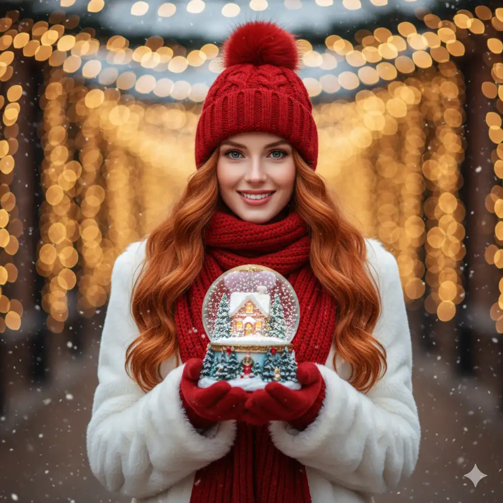 Create a warm, festive winter portrait of a young woman standing outdoors in softly falling snow. She has long, wavy red hair and wears a knitted red beanie with a fluffy pom-pom, along with a matching red scarf and elegant red gloves. Her white faux-fur winter coat adds a luxurious, cozy contrast to the rich warm tones of her accessories. She smiles gently, holding a beautifully detailed snow globe in both hands. Inside the globe is a charming miniature winter cottage, warmly lit from within, surrounded by snow-covered trees and swirling snowflakes. The background features golden holiday lights softly blurred into glowing bokeh, creating a magical, dreamlike atmosphere. The lighting is warm and flattering, highlighting her smooth complexion and bright eyes. High-resolution portrait, cinematic winter aesthetic, festive holiday mood, dreamy bokeh, crisp detail on fabrics and the snow globe.