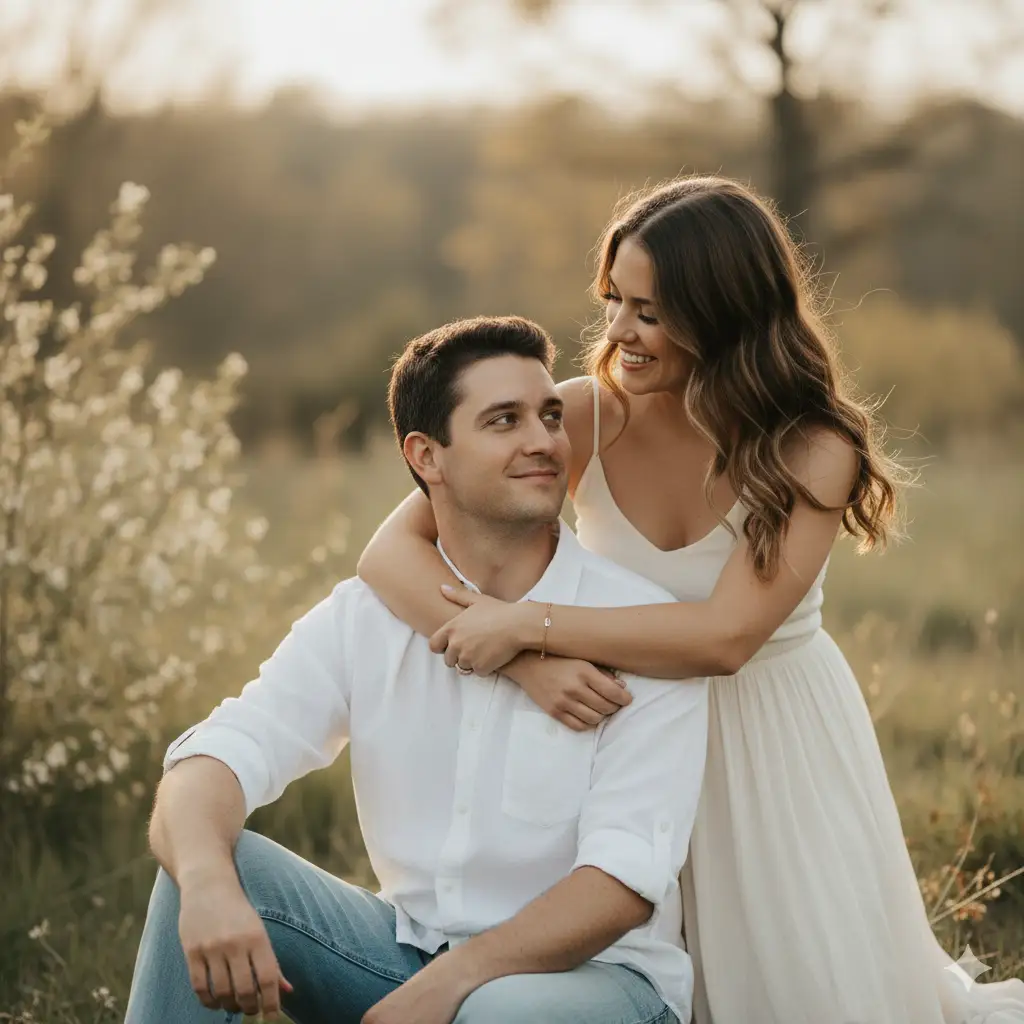 A romantic outdoor portrait of a couple sitting closely together in a natural, softly lit setting. The man, wearing a white shirt with rolled-up sleeves and light blue jeans, sits facing slightly forward, smiling gently as he looks into the woman's eyes. The woman, with long brown hair, embraces him lovingly from behind with her arms around his shoulders, her face glowing with a joyful smile. She wears a sleeveless light-colored dress and a delicate gold bracelet. The background features a softly blurred, earthy outdoor environment with subtle greenery and warm tones, creating a serene, intimate feel.