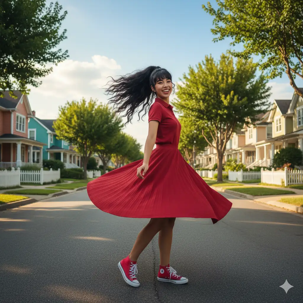 Create a full-body photo of a cute young woman with long, curly black hair styled in a high ponytail. She is wearing a retro-inspired outfit: a red skirt and classic red sneakers. Her pose is dynamic and fun; she is mid-twirl on a sunny, tree-lined suburban street, with her dress fanning out around her and a bright, infectious laugh on her face. The background is a charming street with colorful houses and a clear blue sky. The composition is a wide shot that captures her joyful movement and the nostalgic, cheerful setting.