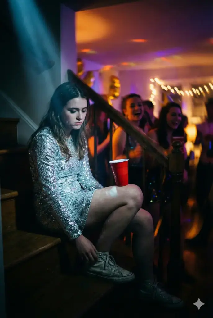 Create a cinematic, high-contrast photograph with an aspect ratio of 2:3. The setting is a crowded house party, but the focus is solely on a young woman sitting alone on a staircase, away from the main action. The background is a blur (bokeh) of party lights and laughing people, representing a world she feels disconnected from. She is wearing a sparkling, silver sequin dress that contrasts painfully with her somber mood. She holds a red plastic cup loosely in her hand, resting it on her knee, but her head is down, and she is looking at her shoes with a glazed, teary expression. The lighting should mix the warm, vibrant colors of the party in the background with a cooler, darker shadow falling over her on the stairs.