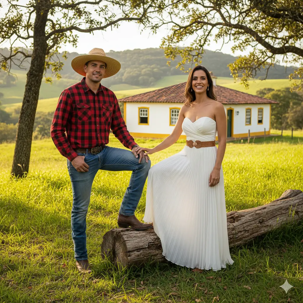 A rustic outdoor couple's portrait with a country-style theme, set in a sunny countryside location. The man, wearing a checkered shirt, blue jeans, brown cowboy boots, and a wide-brimmed hat, stands confidently with one foot resting on a large tree log. The woman, dressed in an elegant strapless white dress with a flowing hemline and a decorative belt, stands beside him with a radiant smile, her hand resting on his knee. She wears brown cowboy boots that perfectly match the rustic aesthetic. Behind them, a charming countryside house with white walls, yellow-trimmed windows, and a terracotta roof adds warmth and authenticity to the scene. Soft sunlight filters through nearby trees, casting natural highlights on the couple and the lush green grass around them.