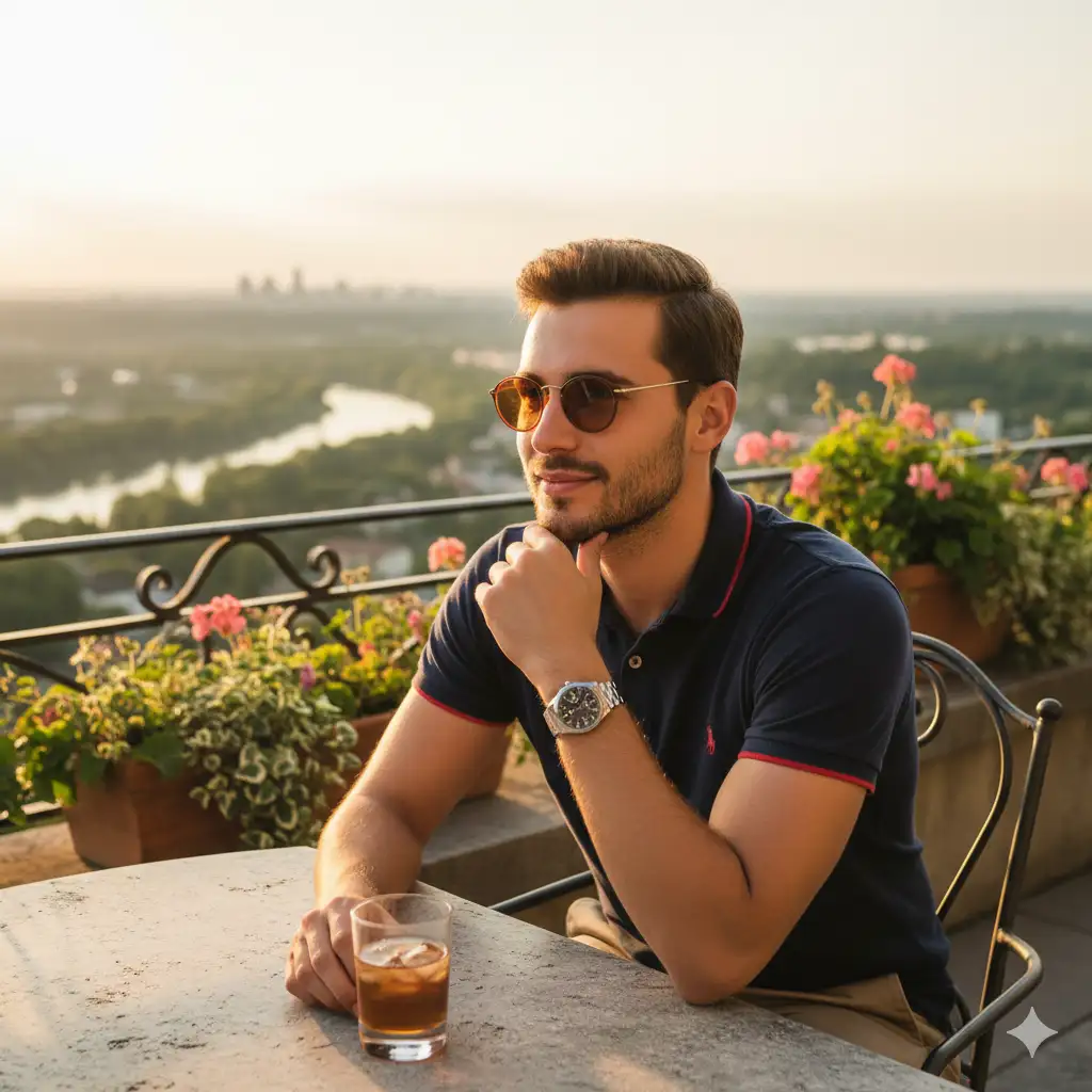 Create a cinematic golden-hour portrait of a young man sitting at an outdoor terrace with a scenic view in the background. The warm sunlight of late afternoon casts a golden glow on his face, highlighting his calm, reflective expression. He's wearing a navy polo shirt with red trim, round-tinted sunglasses, and a silver wristwatch that subtly catches the light. His pose is thoughtful, one hand resting on his chin as he gazes slightly into the distance, exuding quiet confidence and sophistication.