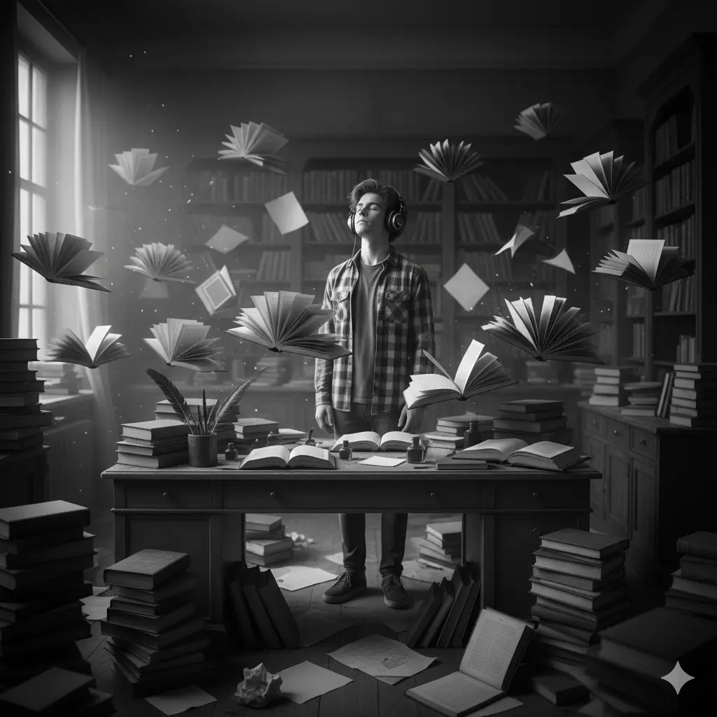 A dramatic monochrome scene set in a dim, cluttered study room filled with stacks of books and scattered pages. At the center stands a young man wearing a plaid shirt and headphones, his eyes closed as if lost in deep focus or imagination. All around him, numerous open books float in midair with pages turning, creating a sense of motion and surreal energy. Papers on the table in the foreground are slightly blurred, enhancing depth and atmosphere. Soft, directional lighting highlights the figure and the levitating books while leaving the background in gentle shadow. The mood is dreamlike, introspective, and a touch magical, blending realism with fantasy through suspended objects, subtle motion effects, and textured grayscale tones.