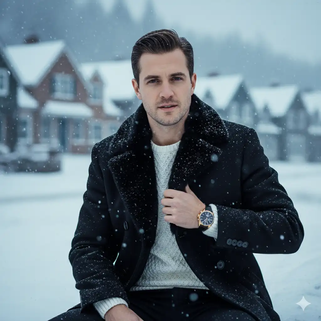Create a stylish winter portrait of a man seated outdoors in a snowy village setting. He wears a tailored black overcoat with a plush, dark fur collar, lightly dusted with falling snow. Beneath the coat, he has a textured white knit sweater that adds contrast. His posture is relaxed yet confident, with one hand gently adjusting the coat lapel, revealing a sleek gold wristwatch with a dark face. He has well-groomed hair, and a calm, composed expression. Snowflakes drift through the air, some softly catching on his coat and in the foreground. The background features a row of charming, snow-covered houses rendered with a painterly blur, creating depth and a serene, wintry atmosphere. Use soft natural light, cool tones, shallow depth of field, and crisp detail on the subject for a cinematic winter portrait.