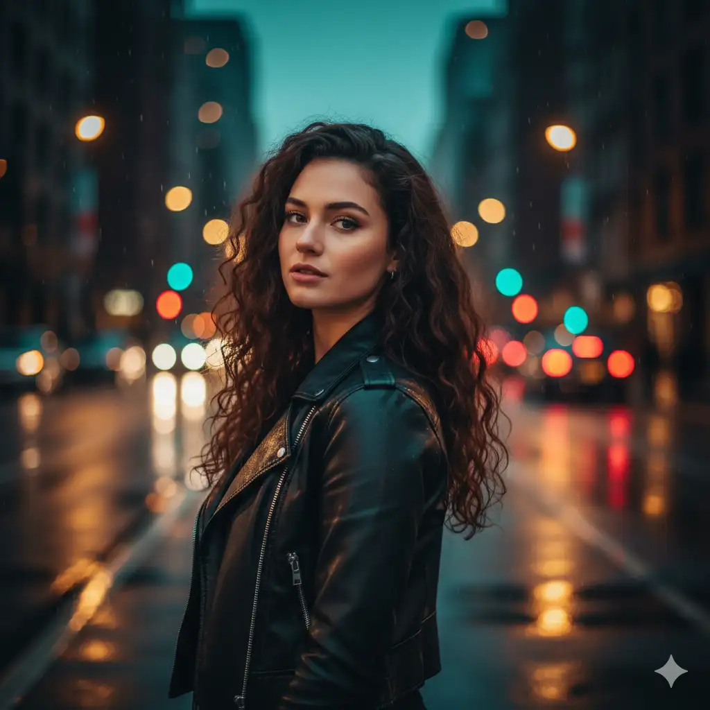 Create photo of a young woman with long, curly dark hair stands on a city street at night, turning slightly toward the camera with a calm, confident expression. She wears a black leather jacket that catches subtle reflections from nearby lights. The background is filled with colorful bokeh from traffic and streetlights in shades of teal, red, amber, and white, creating a soft, dreamy atmosphere. The street behind her is blurred, giving a strong depth of field effect. The lighting is low and moody with gentle illumination on her face that highlights her natural features. Capture a cinematic night portrait with a shallow depth of field, rich contrast, and a vibrant urban backdrop.