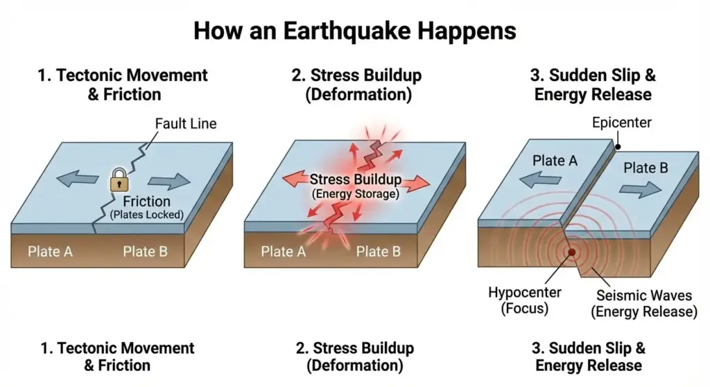 Create a clean and well-structured diagram that visually explains how earth quake happens. Use simple shapes, clear labels, and organized sections. Keep the layout neat with balanced spacing. Present the information in a way that is easy to understand at a glance. Include subtle colors, sharp lines, and a professional look suitable for educational or presentation use.