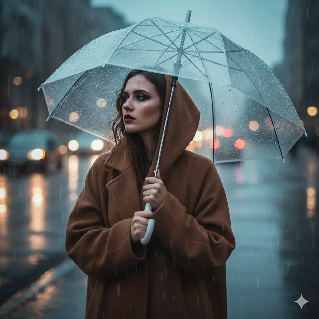 Create a moody, cinematic portrait of a young woman standing on a rainy street, holding a transparent umbrella speckled with raindrops. She wears an oversized brown coat, giving her a slightly bundled, introspective look. Her makeup is dramatic, with deep red lipstick and softly smudged eye makeup that enhances the emotional tone of the scene. She looks off to the side with a distant, contemplative expression, as if listening for something or lost in thought. Evening light mixes with the cool, misty atmosphere, softly blurring the background into muted shapes and faint bokeh from streetlights and passing cars. A few loose strands of her hair move gently in the damp air. The overall mood is melancholic, cinematic, and intimate, capturing the quiet stillness of a rainy urban moment.