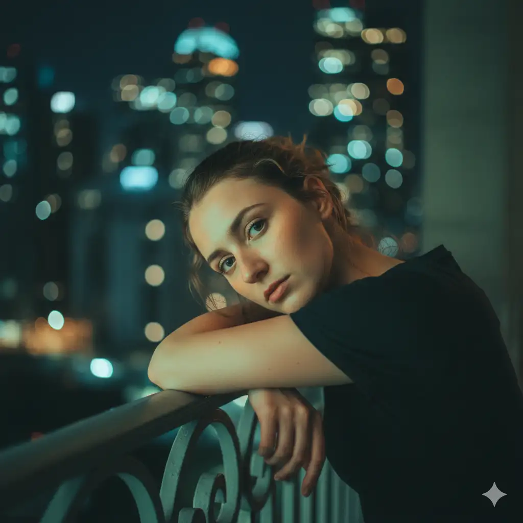 Create a photo of young woman leans against a balcony railing at night, resting her arms on the metal bar while looking toward the camera with a quiet, introspective expression. Soft green and orange city lights illuminate her face and cast subtle color gradients across her features. Her hair is loosely tied back, with gentle strands framing her face. Behind her, tall buildings glow with blurred lights that create a dreamy bokeh effect. The atmosphere feels calm and slightly melancholic, with a cinematic urban mood. Capture a night portrait with muted tones, soft colored lighting, shallow depth of field, and a serene city backdrop.
