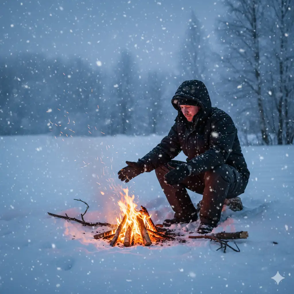 Create a moody winter evening scene featuring a man sitting by a small campfire in the snow, warming his hands over the flames. He wears a black hooded winter jacket and dark pants, with the hood pulled up for warmth. Soft orange firelight illuminates his face and hands, creating a warm contrast against the cool blue tones of the snowy landscape. Snowflakes drift gently through the air, catching both the firelight and the ambient twilight.