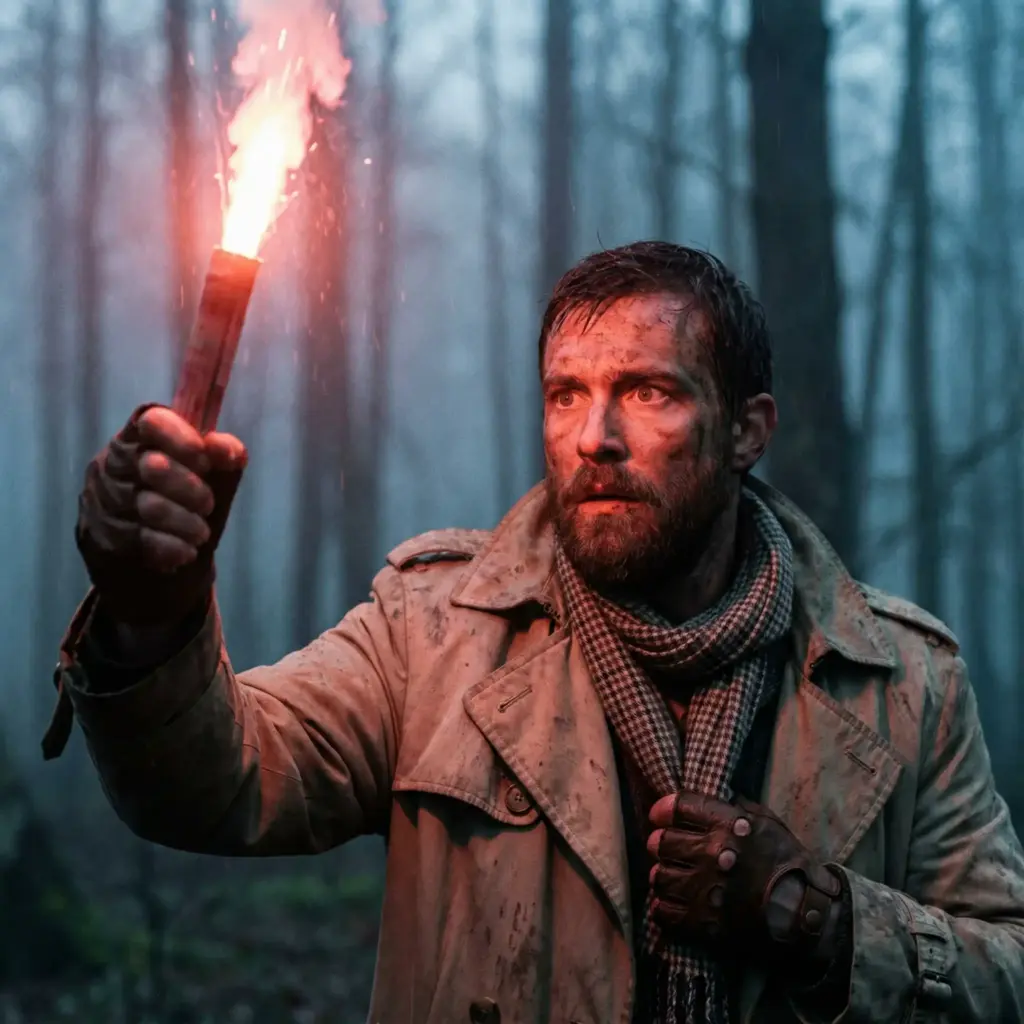 Create a gritty, desaturated cinematic close-up of a male survivor navigating a dense, foggy forest at twilight. He is wearing a distressed, dirt-stained beige trench coat, a checkered scarf wrapped loosely around his neck, and fingerless leather gloves. He holds a red flare aloft in his right hand, which casts a harsh, warm glow on his face, contrasting with the cold blue tones of the foggy background. His expression is one of fear and determination, eyes wide looking off-camera. The focus is razor-sharp on his eyes, with heavy bokeh in the background trees. Add film grain for a raw, documentary-style texture. Aspect ratio 1:1.