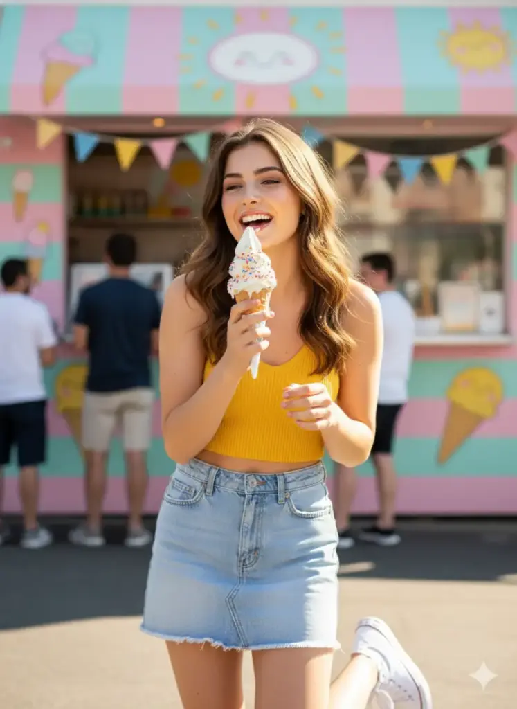Create a cute girl photo of a cheerful girl enjoying an ice cream cone on a sunny day, wearing a yellow crop top, denim skirt, and white sneakers. She's laughing while slightly tilting her head. The background shows a pastel-colored ice cream shop with a playful summer vibe. Capture motion blur from passersby to make the photo feel lively and candid.