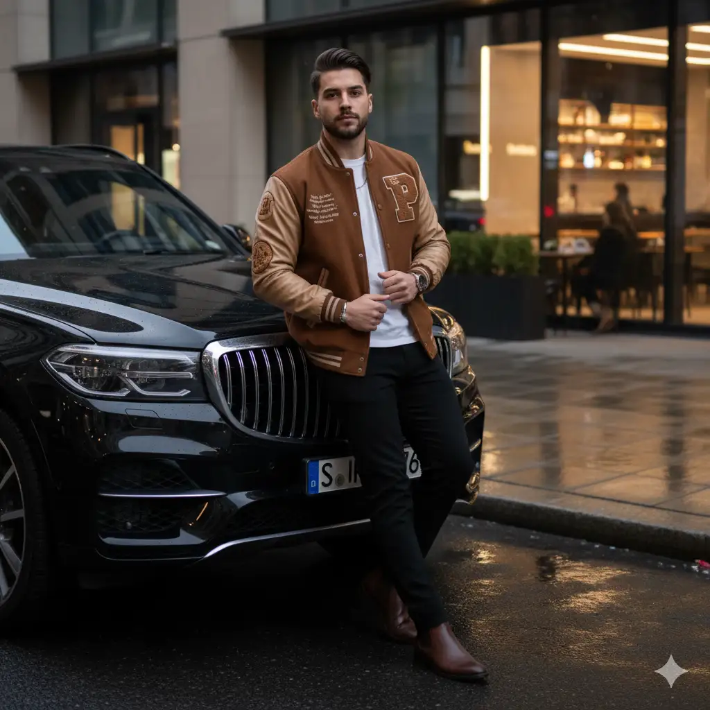 Create photo of a confident young man leaning casually against the front of a luxury SUV in an urban evening setting. He wears a stylish brown and beige varsity jacket with embroidered details and a large letter "P" on the chest, layered over a plain white t-shirt. His look is completed with black fitted trousers and brown Chelsea boots, accessorized with a sleek wristwatch and a thin silver chain. His expression is calm and composed, with neatly styled hair and a trimmed beard. The background features the soft glow of a café or modern glass building, adding a warm, refined ambiance to the scene.