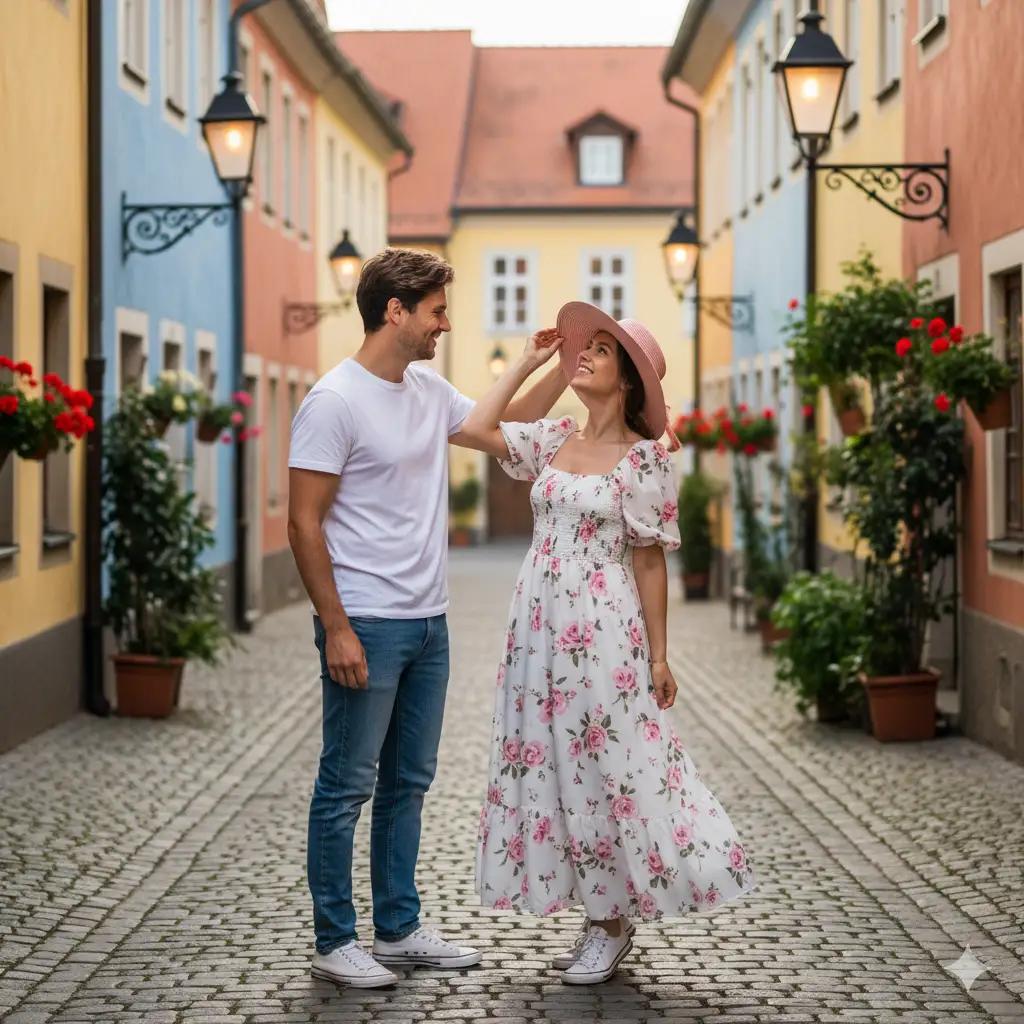 A charming and playful couple's portrait captured on a quaint, European-style street lined with colorful old buildings and vintage street lamps. The man, wearing a casual white T-shirt, blue jeans, and white sneakers, gently places a pink sun hat on the woman's head with a smile. The woman, dressed in a flowing white dress with pink floral prints and puffed sleeves, looks up at him with a joyful expression. The cobblestone pathway beneath them leads into a softly blurred background of rustic houses, hanging lamps, and potted plants. The lighting is natural and soft, evoking a relaxed, romantic afternoon stroll atmosphere.