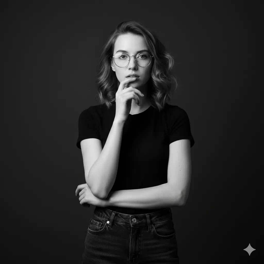 Create a monochrome studio portrait of a young woman standing against a seamless dark background. She wears round glasses that catch subtle highlights and has softly curled shoulder-length hair that frames her face. Her expression is thoughtful and composed as she rests her fingertips lightly near her lips. One arm is folded across her torso, giving her pose a calm, introspective elegance. She wears a fitted black T-shirt paired with high-waisted dark jeans, creating a clean, minimalist silhouette. The lighting is soft and directional, sculpting gentle shadows along her features and emphasizing the smooth contrast between skin, fabric, and background. The atmosphere is modern, refined, and quietly expressive with a focus on mood, posture, and simplicity.