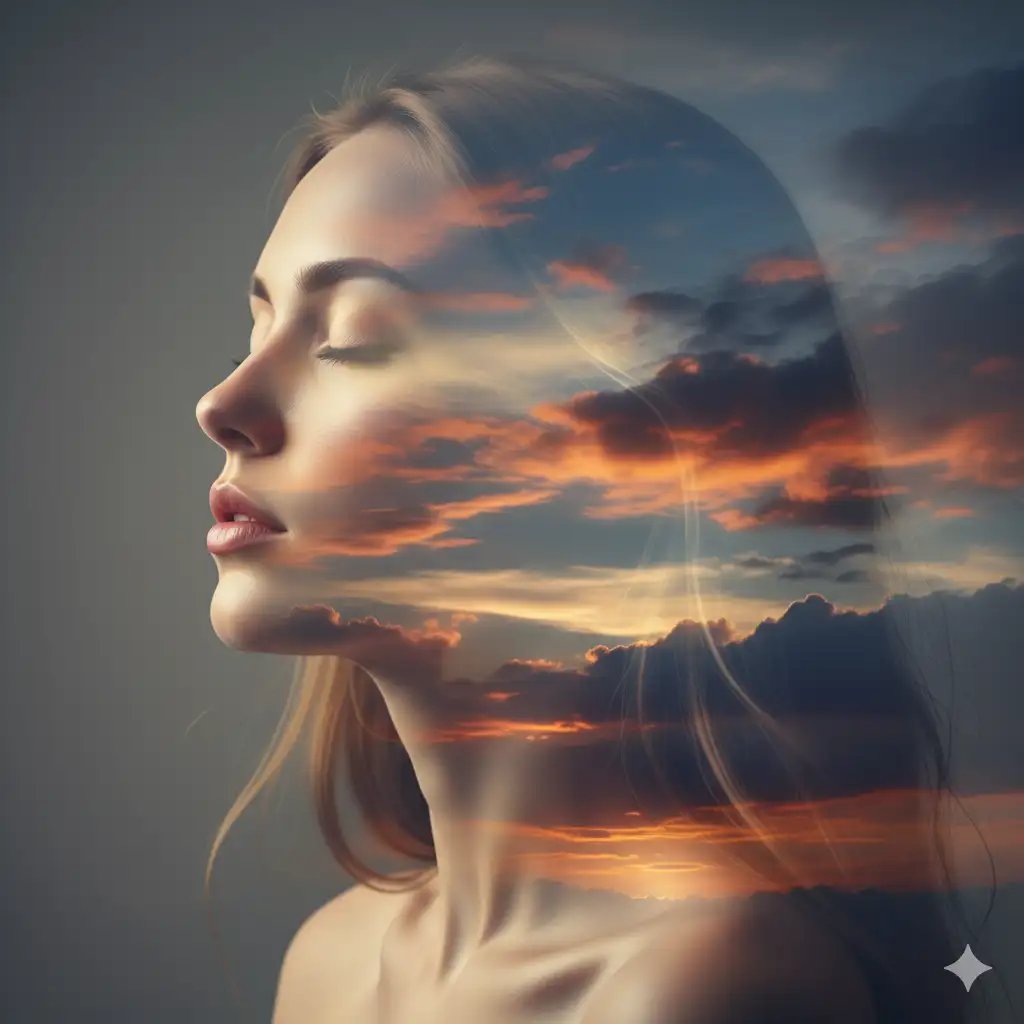 Create a dreamlike double-exposure portrait featuring the elegant side profile of a woman with her eyes gently closed. Her silhouette is clean and well-defined, with soft highlights along the curve of her forehead, nose, lips, and neck. Inside the profile, seamlessly blended, is a vivid sunset sky filled with dramatic clouds in hues of warm gold, fiery orange, coral pink, and deep twilight blue. The cloud formations drift across the contours of her face as though her thoughts are made of sky. Strands of her hair subtly merge with darker patches of clouds, creating a natural transition between the two exposures. The overall tone is calm, introspective, and ethereal, balancing realism in the facial profile with a painterly, atmospheric landscape. Emphasize high detail, glowing sunset light, smooth transitions, and a serene, poetic visual mood.