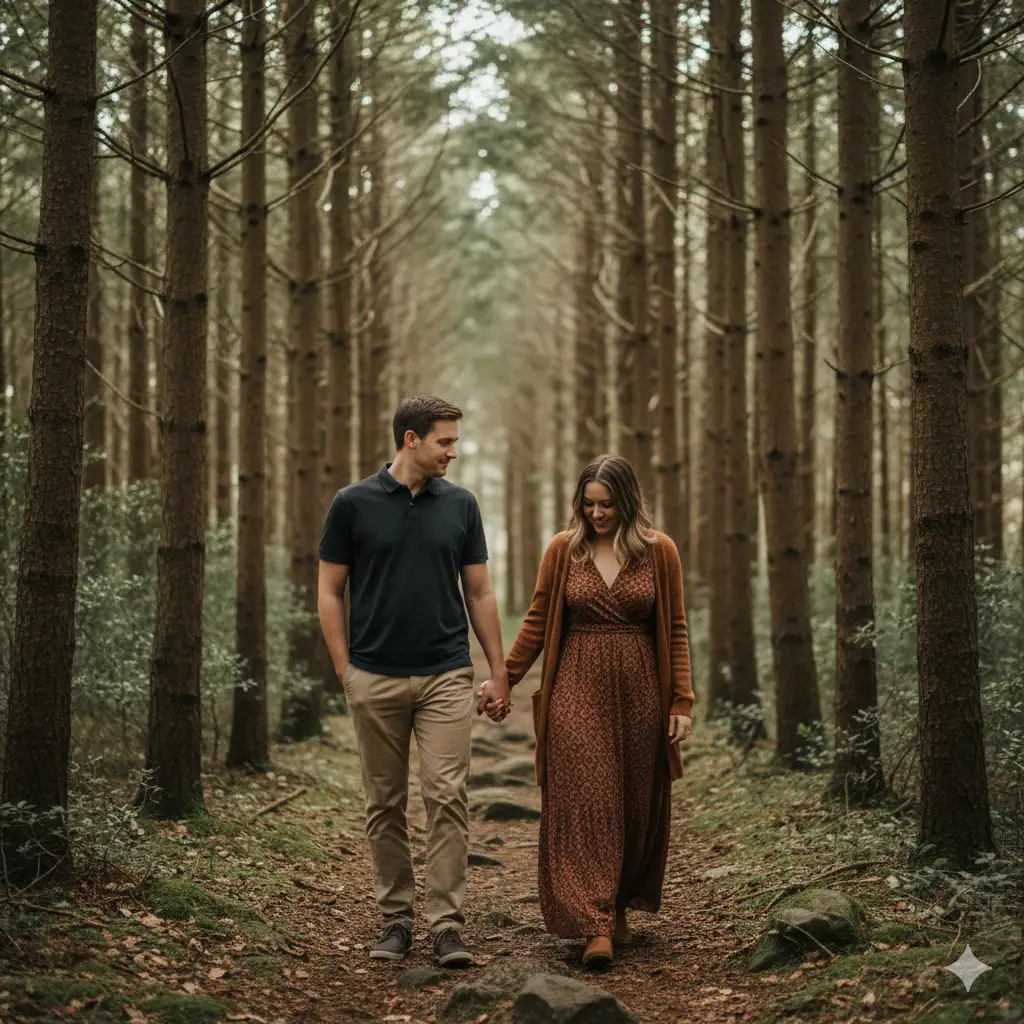 A serene, romantic scene of a couple walking together along a narrow forest pathway surrounded by tall, slender trees. The man, wearing a black polo shirt and brown trousers, looks affectionately toward the woman as they walk side by side. The woman, dressed in a long brown patterned dress and matching cardigan, smiles softly as she looks down the path. The earthy tones of their outfits blend harmoniously with the surrounding greenery, creating a calm and natural atmosphere. The light filters gently through the trees, casting a soft, diffused glow that enhances the peaceful mood of the scene.