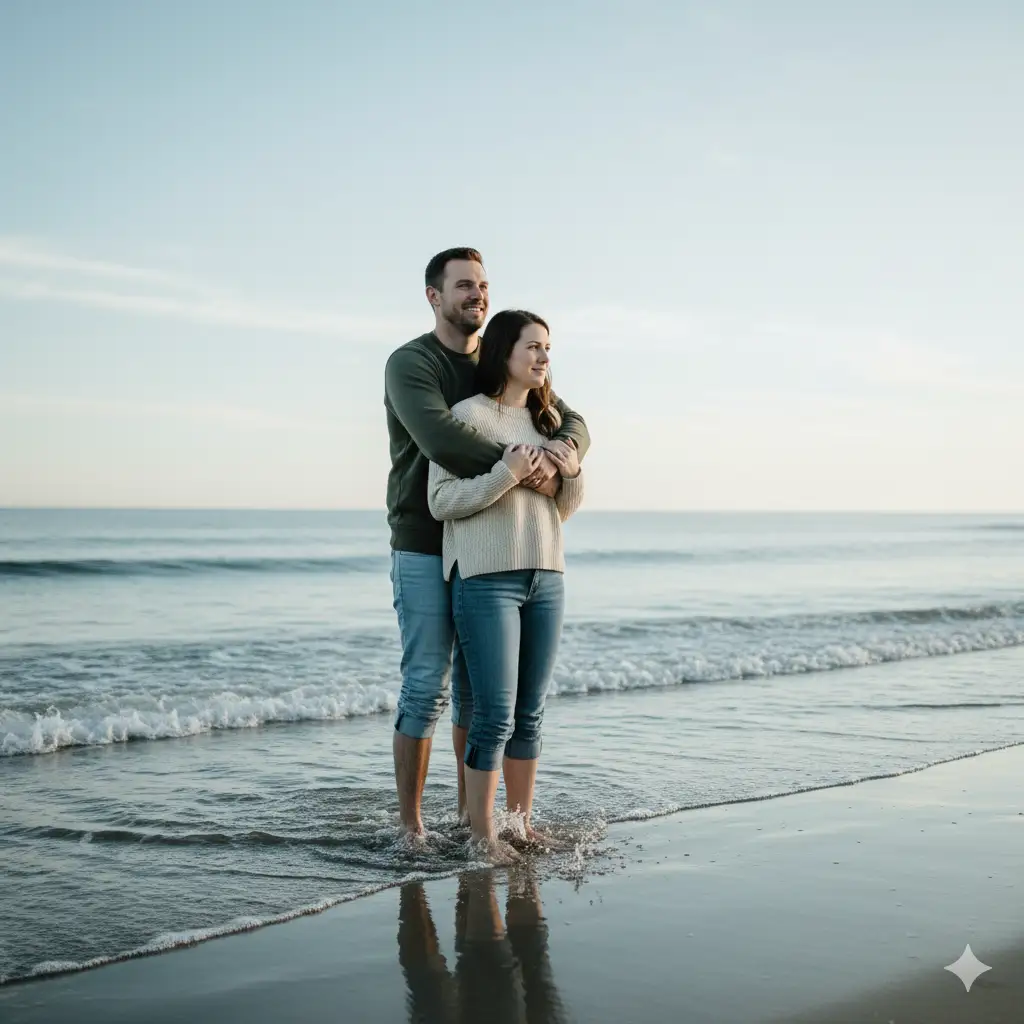 Pre wedding shoot a joyful couple standing barefoot at the edge of the sea, their feet splashing gently in the shallow water as waves ripple around them. The man, wearing a dark olive-green sweatshirt and light blue rolled-up jeans, stands behind the woman, wrapping his arms around her in a warm embrace. The woman, dressed in a knitted olive-green sweater and rolled-up denim jeans, smiles softly while looking into the distance. The man gazes in the same direction with a bright, cheerful expression. The soft morning light casts a calm, cool glow on the water and sand, creating a serene and romantic beach atmosphere.