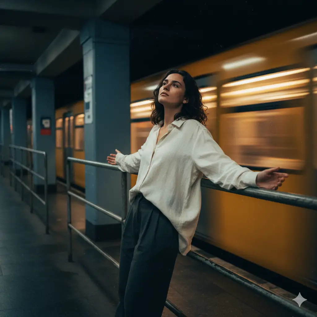 Create a cinematic, atmospheric scene set in an underground metro station. A young woman stands in front of a rapidly passing yellow train, its motion captured as a soft blur of warm tones and streaked windows. She leans back slightly against a metal railing with her arms extended on both sides, creating an open, balanced posture. She wears an oversized, light-colored button-up shirt with the top buttons undone, paired with dark trousers. Her hair is slightly tousled, and she gazes upward and to her right with a thoughtful, almost searching expression. The lighting is moody and diffused, blending the cool shadows of the station with the golden reflections bouncing off the train. The overall mood is introspective, cinematic, and quietly dramatic, emphasizing motion, solitude, and the fleeting nature of urban moments.