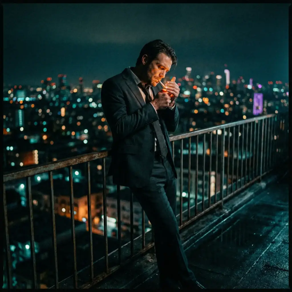 Create a gritty cinematic shot evoking a modern neo-noir thriller. A man in his 30s wearing a tailored charcoal suit and a loosened tie stands on a rooftop overlooking a sprawling city skyline at night. He is leaning against a railing, lighting a cigarette, the flame illuminating his face while the rest of him remains in shadow. His posture is relaxed but alert. The background is a soft blur of city bokeh (out-of-focus lights). The color grading should be moody, utilizing deep shadows, teal mid-tones, and warm highlights. Shot on an Arri Alexa camera, f/1.8 aperture, with film grain added for texture. Aspect ratio 1:1.