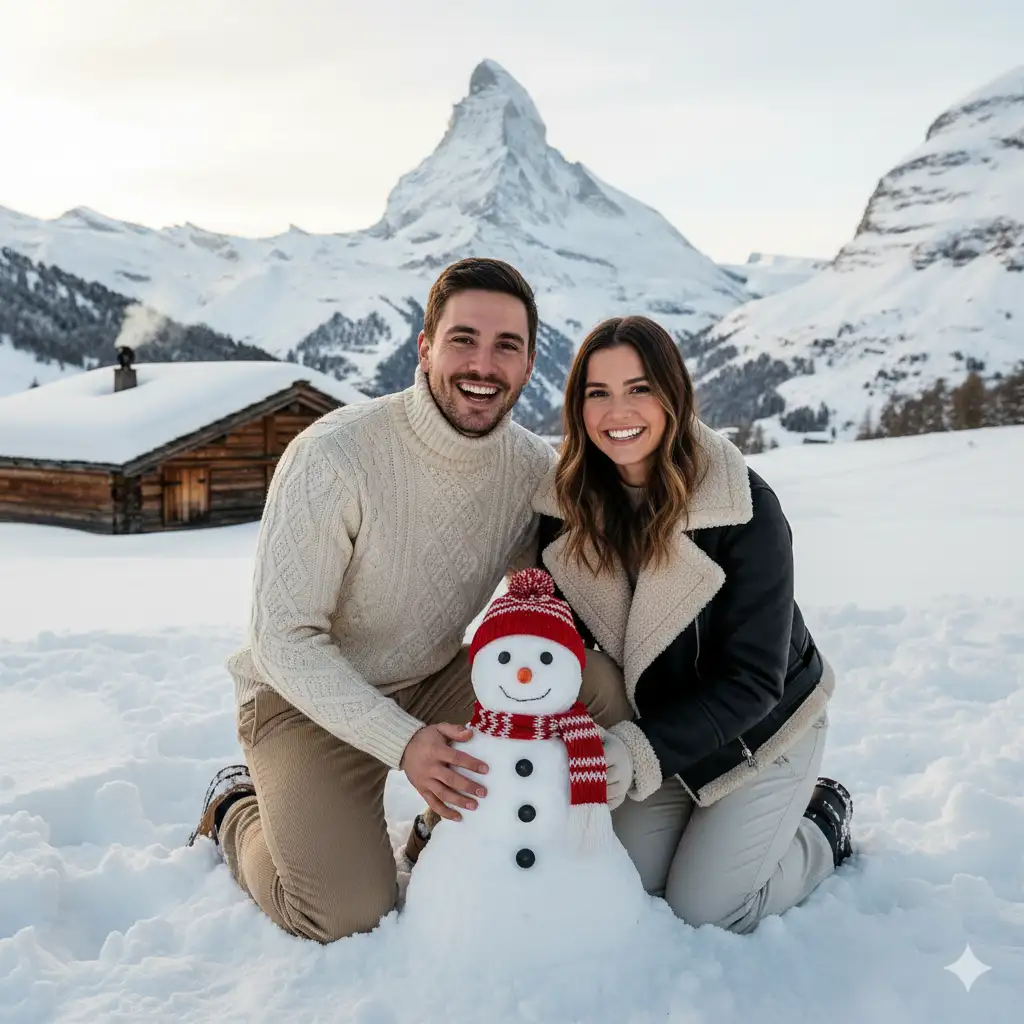 Create a joyful winter scene featuring a young couple kneeling together in fresh snow as they build a small snowman. The setting is a breathtaking alpine landscape with towering snow-covered mountains in the background, including a prominent sharp peak reminiscent of the Matterhorn. The couple smiles warmly at the camera, radiating happiness and togetherness. The man wears a cozy white cable-knit turtleneck sweater and light-colored pants, while the woman wears a stylish black jacket with a soft cream shearling lining, paired with light winter pants. Their snowman is small and charming, with a carrot nose, pebble eyes, a striped knitted scarf, button details, and a matching beanie. A rustic wooden cabin sits nearby, partially covered in snow, adding to the serene, scenic atmosphere. Soft daylight illuminates the snowy landscape, highlighting the crisp textures of the snow, mountains, and winter clothing. High-resolution photography, natural color tones, cheerful winter vacation mood.