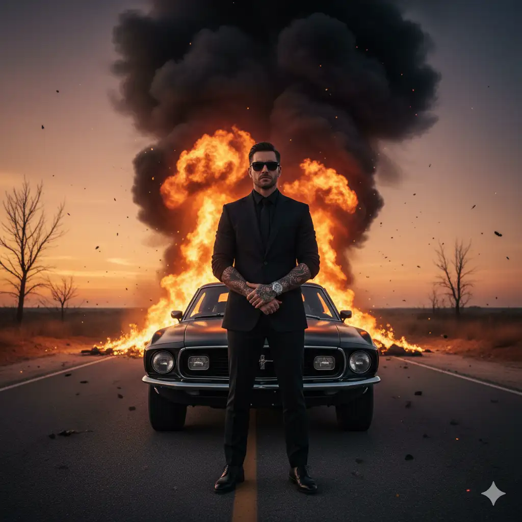 Create cinematic photo of a man standing confidently in front of a vintage black muscle car parked in the middle of a deserted road at sunset. Behind the car, massive flames and dark smoke rise dramatically into the sky, illuminating the scene with fiery light. The man wears an all-black suit with a crisp shirt, dark sunglasses, and polished shoes, exuding power and calm intensity. His hands are clasped in front of him, showcasing a luxury watch and tattoos on his hands. The lighting is moody and high contrast, with warm orange tones from the fire blending with the cool twilight sky. The overall atmosphere feels like a movie still.