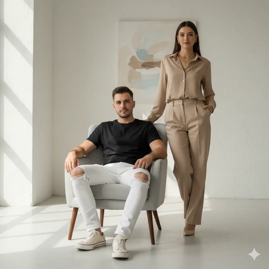 A stylish indoor portrait of a modern couple posing confidently in a minimalist living space. The man is seated comfortably in a light gray armchair, wearing a black t-shirt, white ripped jeans, and beige sneakers, exuding a calm and composed demeanor. The woman stands gracefully beside him, one arm resting on the chair, dressed in a chic beige outfit with tailored pants and a matching top. She wears layered gold necklaces and simple earrings. The background features neutral walls and a soft abstract painting, creating an elegant and serene ambiance. Natural light filters in from the side, casting gentle shadows that enhance the soft, contemporary aesthetic. The overall mood is calm, balanced, and effortlessly modern.