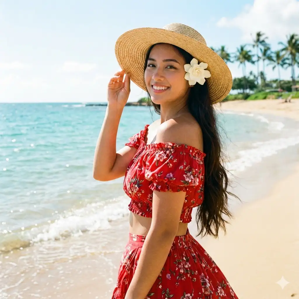 Create a vibrant beachside portrait (1:1 aspect ratio) of a young woman standing near the shoreline on a sunny day. She wears a red floral off-shoulder crop top with matching flowy skirt and a wide-brimmed straw hat adorned with a white flower. Her long, dark hair cascades over her shoulder as she smiles warmly at the camera, lightly touching the brim of her hat. The turquoise sea glistens under the bright sky, with gentle waves rolling onto the golden sand and palm trees lining the distant shore. The overall atmosphere is cheerful, breezy, and full of summer warmth.