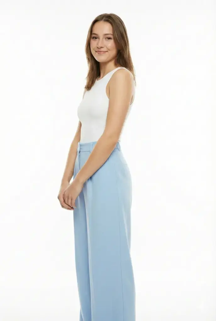 Create a studio portrait of a young woman standing with a gentle side turn, hands softly clasped in front. She wears a white sleeveless fitted top and wide-leg pastel blue trousers. Her expression is warm with a slight smile. Use bright high-key lighting with smooth shadows for a clean minimal mood. The backdrop should be pure white for a crisp finish. Use aspect ratio 2:3.