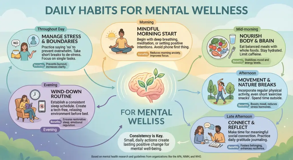A beautiful infographic about daily habits that improve mental wellness.